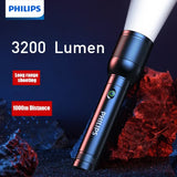 Lampe Torche Puissante Longue Portée Philips – 3200 Lumens, Étanche, Zoom Télescopique