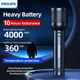 Lampe Torche Puissante Longue Portée Philips – 3200 Lumens, Étanche, Zoom Télescopique